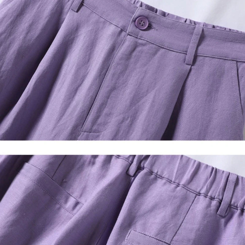 Intims - Short taille haute en coton et lin avec poches pour Femmes - 00105FR