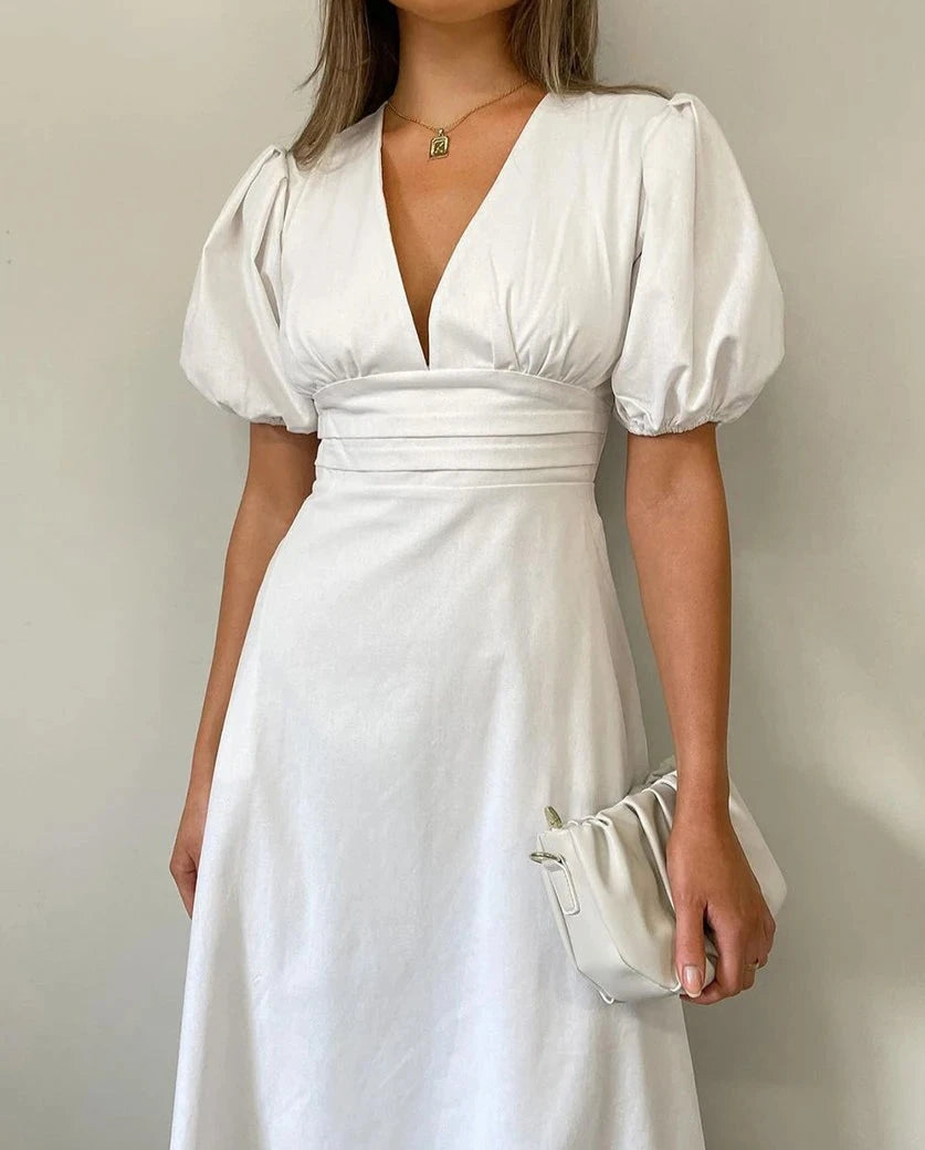 Intims - Robe mi-longue Blanche à manches bouffantes & Col V - 86420FR