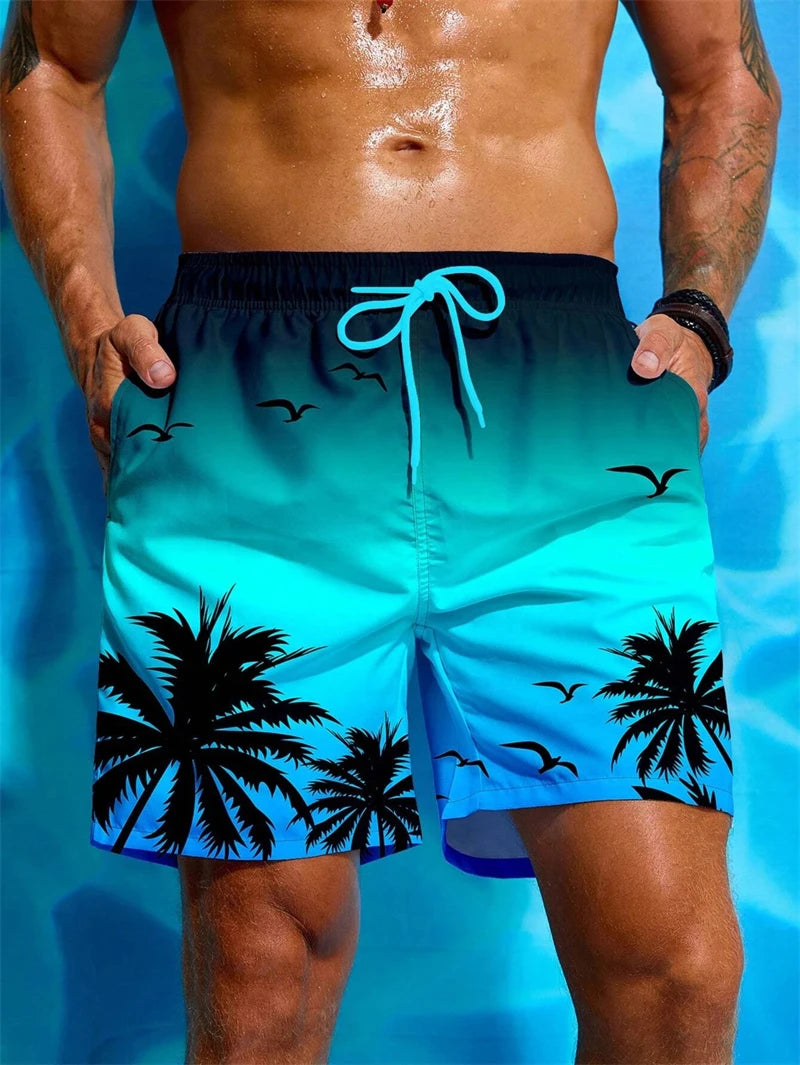 Short de Bain à Cordon et Imprimé Palmier Tropical
