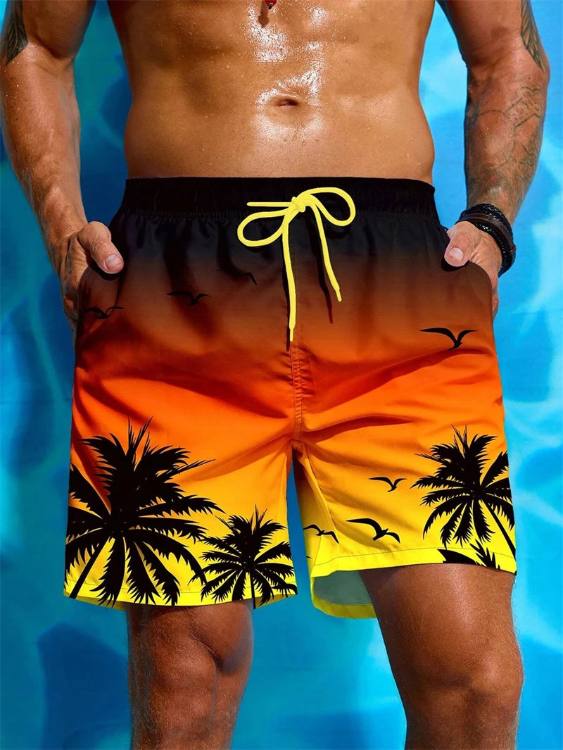 Short de Bain à Cordon et Imprimé Palmier Tropical