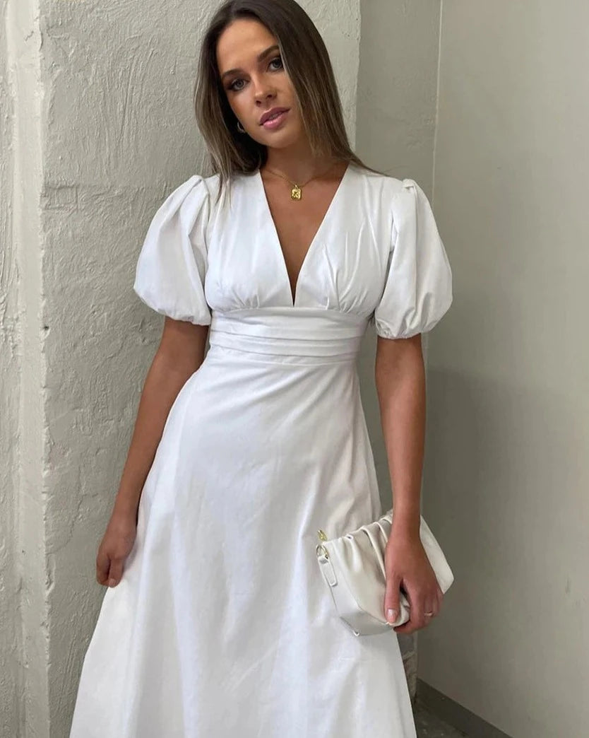 Intims - Robe mi-longue Blanche à manches bouffantes & Col V - 86420FR