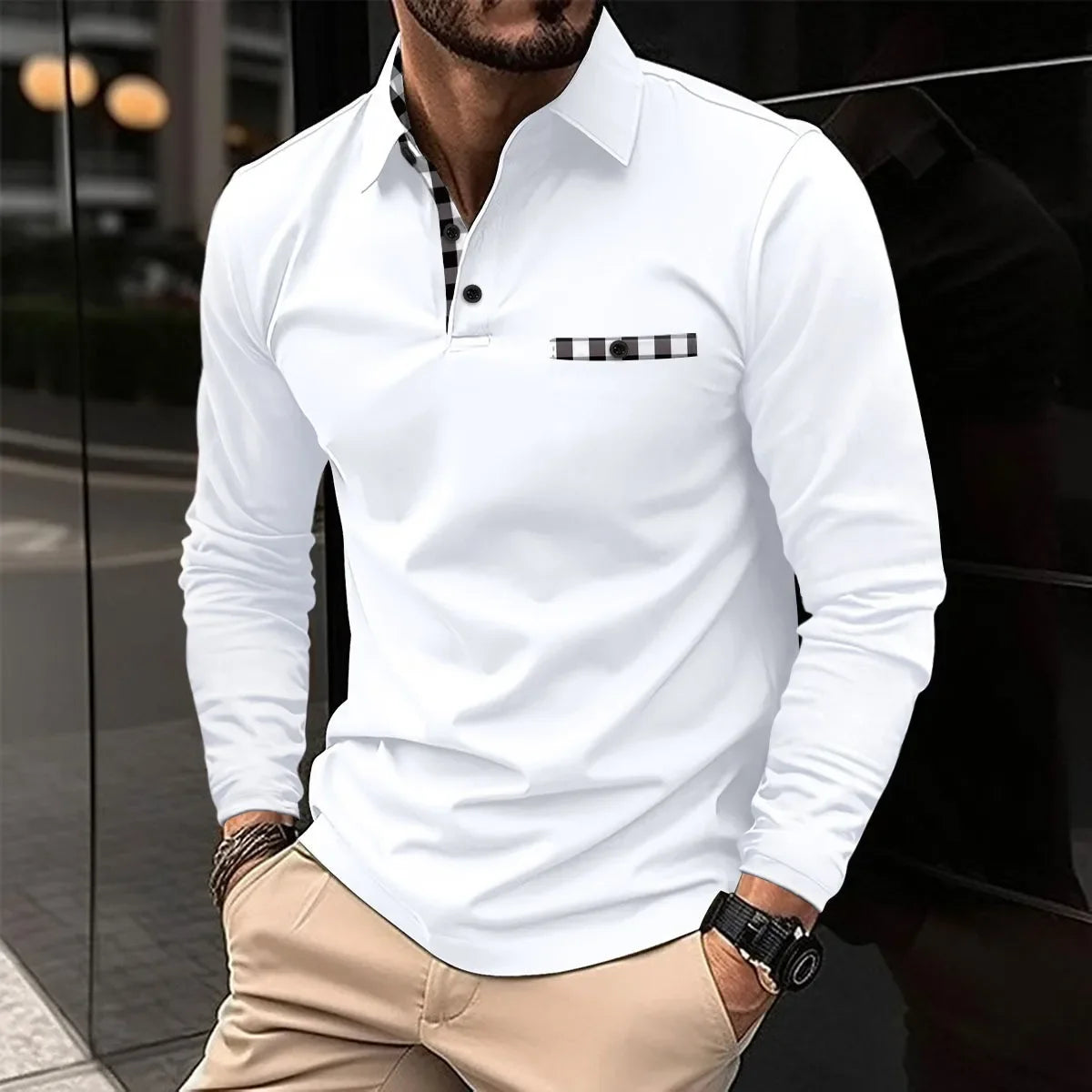 Polo Manches Longue Motif Tartant Col & Manches - Homme