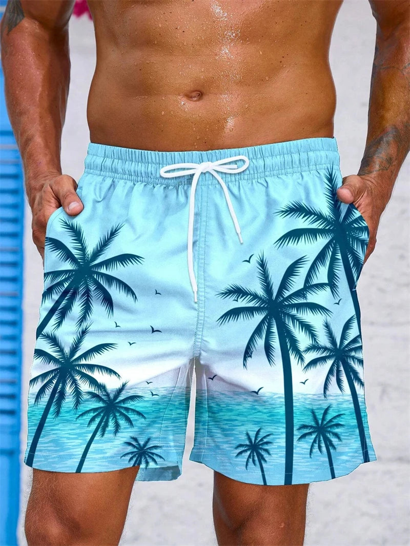 Short de Bain à Cordon et Imprimé Palmier Tropical