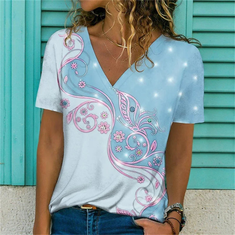 T-shirt Décontracté à Col V Imprimé Fleur pour Femmes - 3762FR