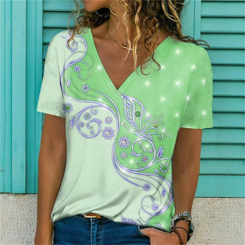 T-shirt Décontracté à Col V Imprimé Fleur pour Femmes - 3762FR