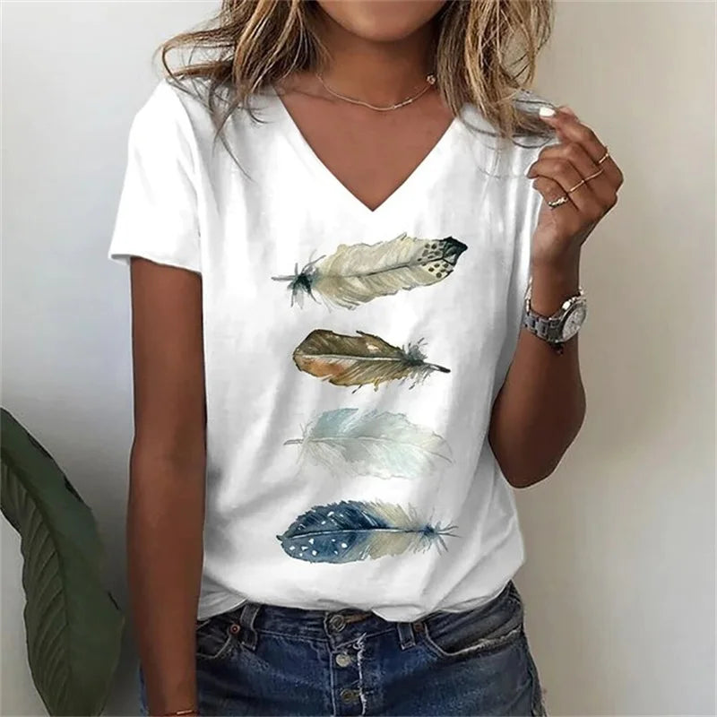 T-shirt Décontracté à Col V Imprimé Fleur pour Femmes - 3762FR