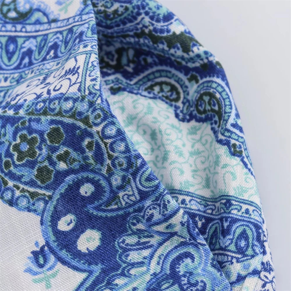 Intims - Ensemble Chemisier Imprimé Bandana Bleu et Pantalon Large Taille Haute pour Femme - 97531FR