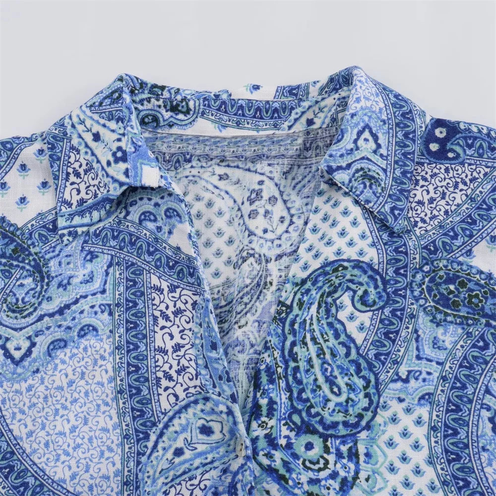 Intims - Ensemble Chemisier Imprimé Bandana Bleu et Pantalon Large Taille Haute pour Femme - 97531FR