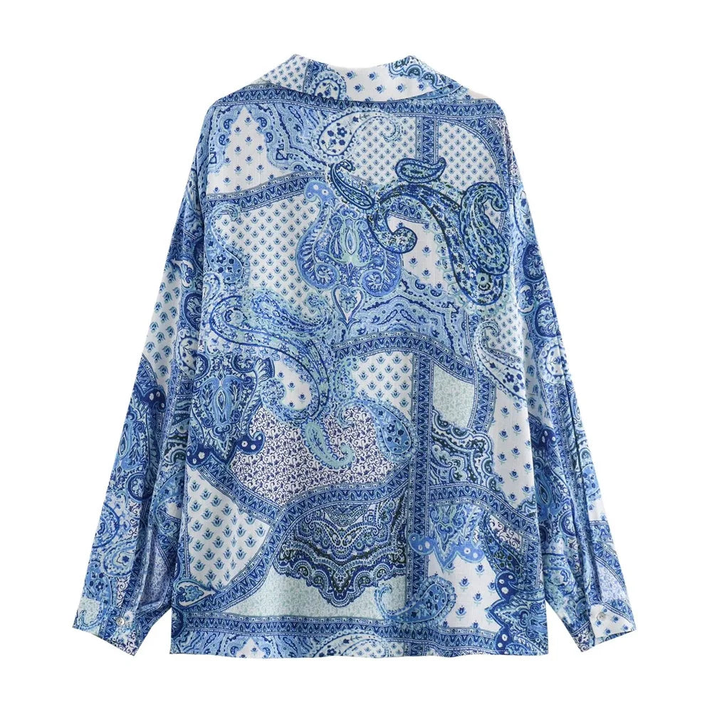 Intims - Ensemble Chemisier Imprimé Bandana Bleu et Pantalon Large Taille Haute pour Femme - 97531FR