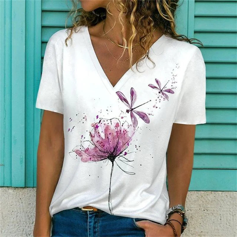 T-shirt Décontracté à Col V Imprimé Fleur pour Femmes - 3762FR