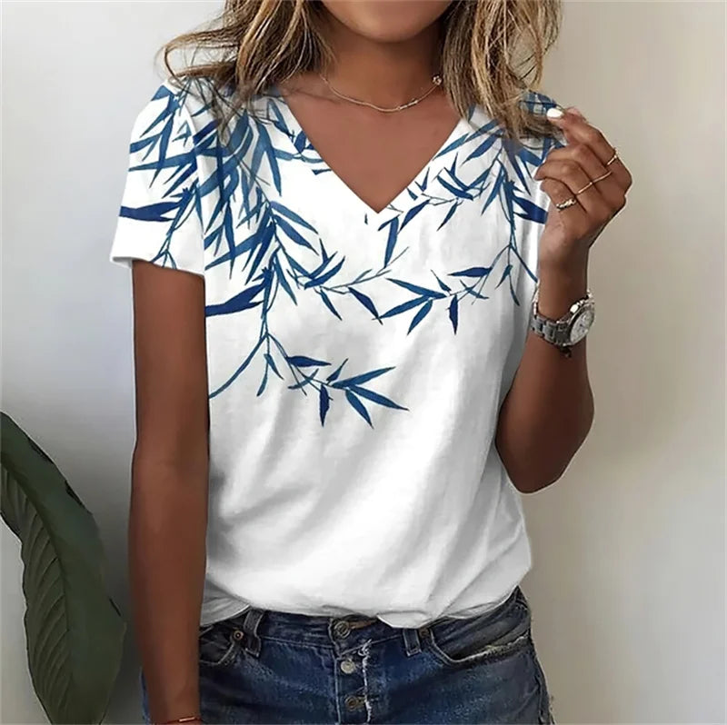 T-shirt Décontracté à Col V Imprimé Fleur pour Femmes - 3762FR