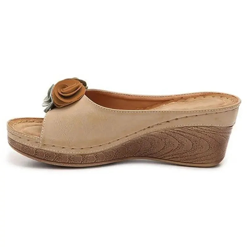 Mules Compensées à Fleurs en Cuir PU