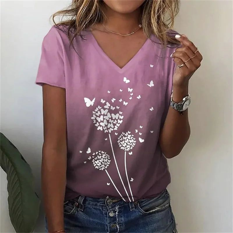 T-shirt Décontracté à Col V Imprimé Fleur pour Femmes - 3762FR