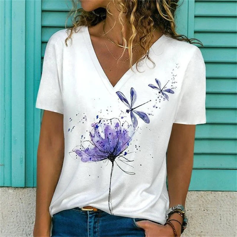 T-shirt Décontracté à Col V Imprimé Fleur pour Femmes - 3762FR