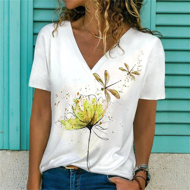 T-shirt Décontracté à Col V Imprimé Fleur pour Femmes - 3762FR
