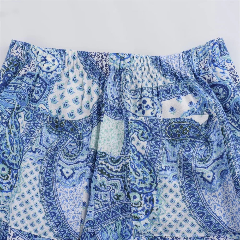 Intims - Ensemble Chemisier Imprimé Bandana Bleu et Pantalon Large Taille Haute pour Femme - 97531FR