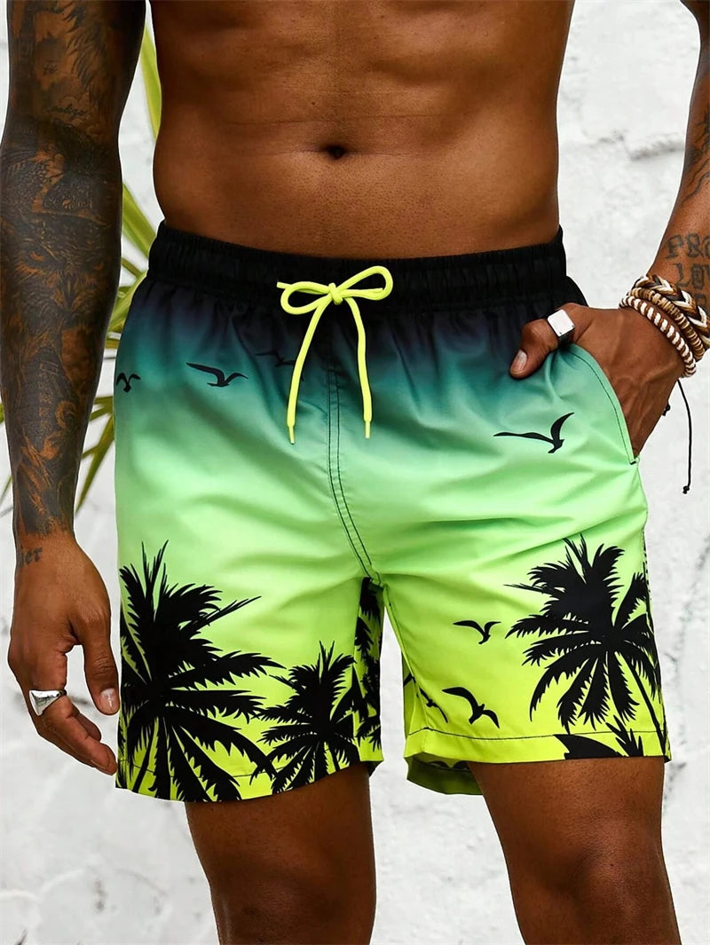 Short de Bain à Cordon et Imprimé Palmier Tropical