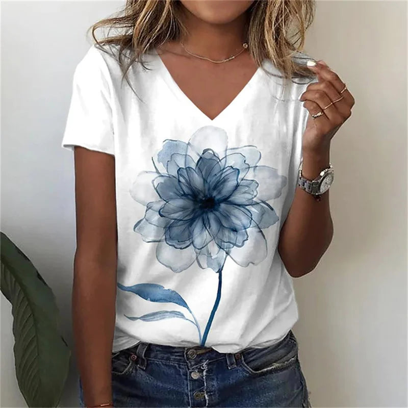 T-shirt Décontracté à Col V Imprimé Fleur pour Femmes - 3762FR