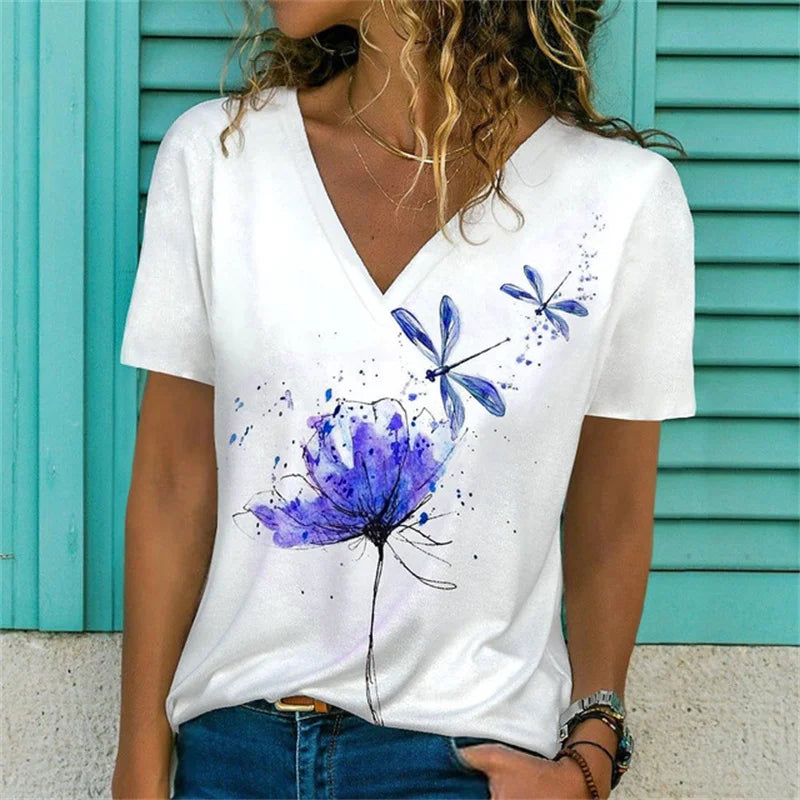 T-shirt Décontracté à Col V Imprimé Fleur pour Femmes - 3762FR