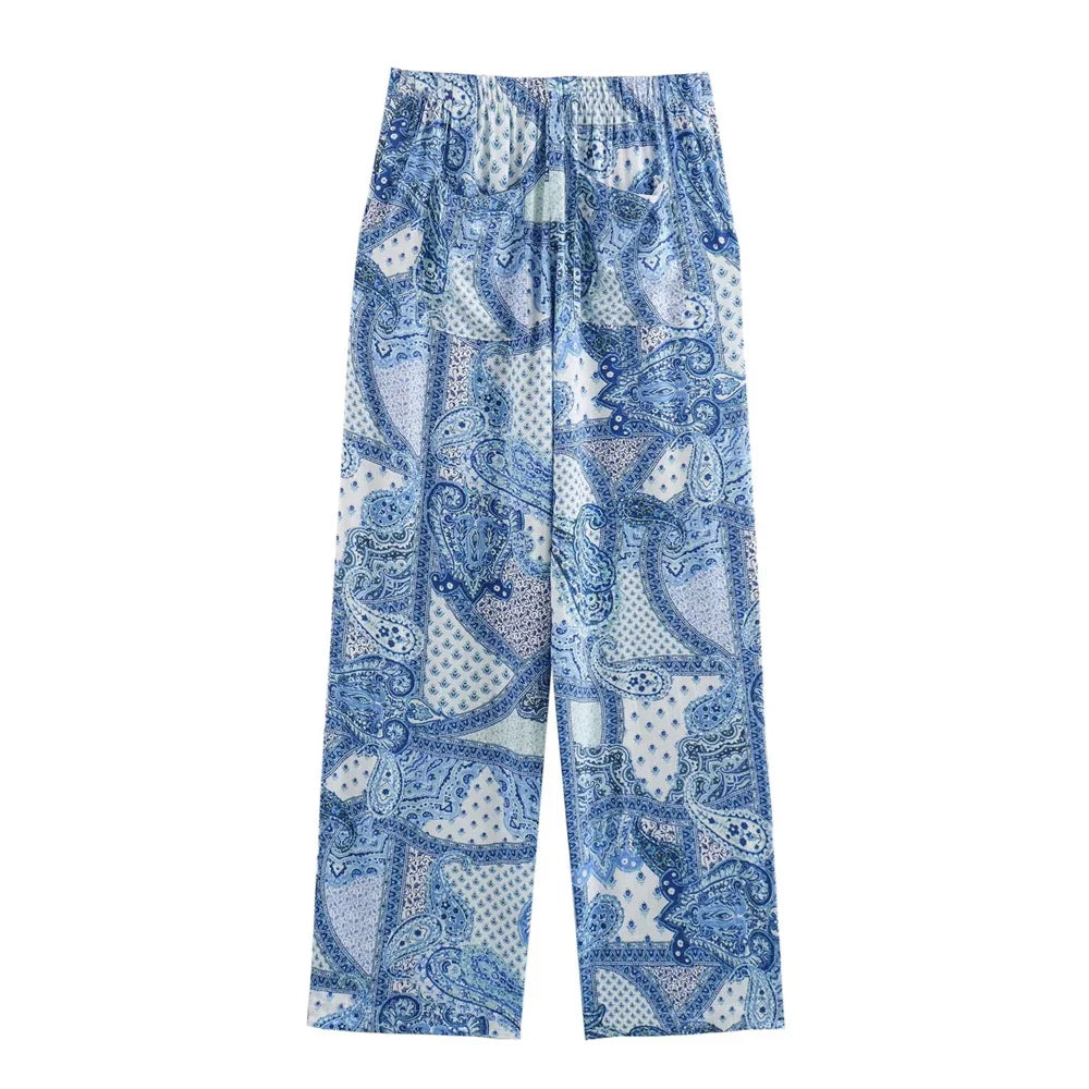 Intims - Ensemble Chemisier Imprimé Bandana Bleu et Pantalon Large Taille Haute pour Femme - 97531FR