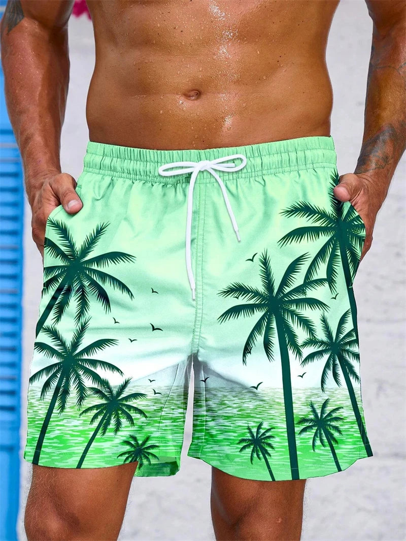 Short de Bain à Cordon et Imprimé Palmier Tropical