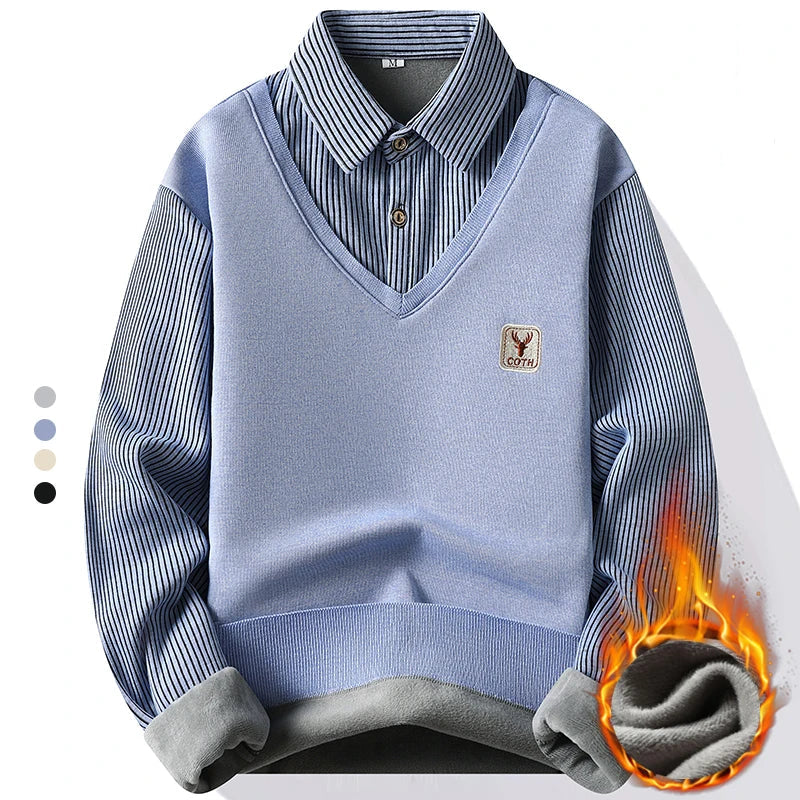 Pull 2 en 1 avec Chemise à Rayures Doublure Polaire