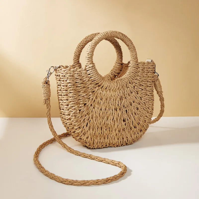 Mini Panier en Osier à Bandoulière Amovible & Fermeture Cordon