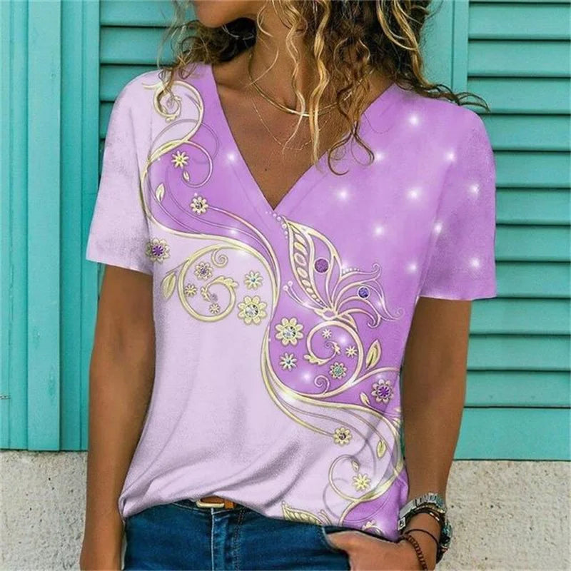 T-shirt Décontracté à Col V Imprimé Fleur pour Femmes - 3762FR