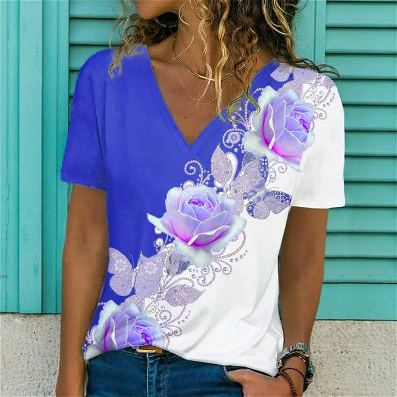 T-shirt Décontracté à Col V Imprimé Fleur pour Femmes - 3762FR