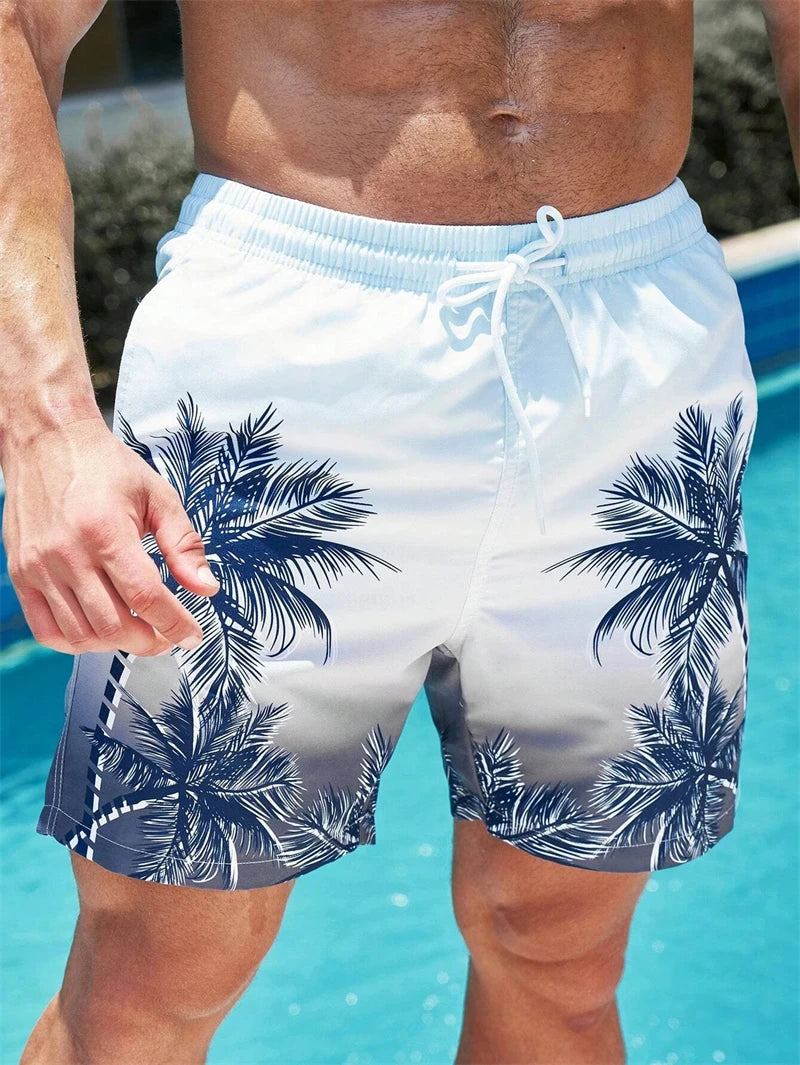 Short de Bain à Cordon et Imprimé Palmier Tropical