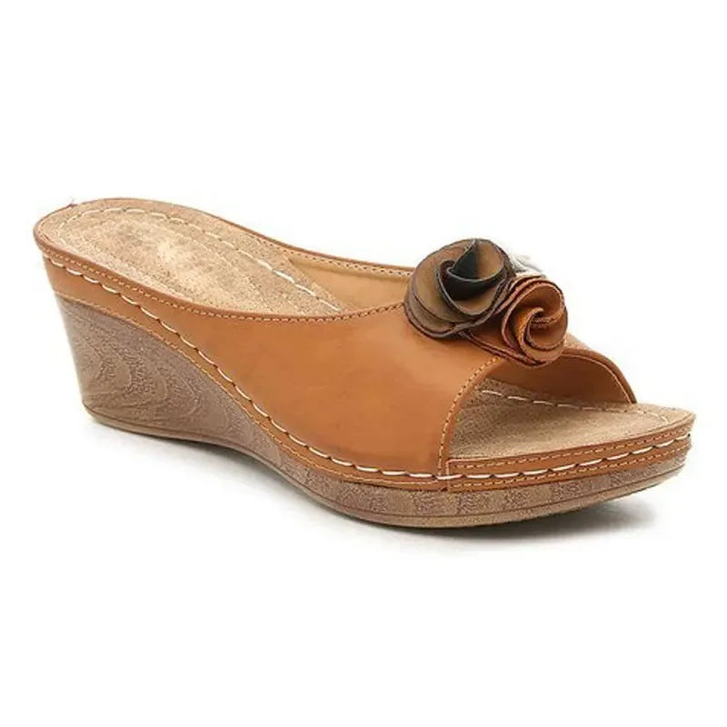 Mules Compensées à Fleurs en Cuir PU
