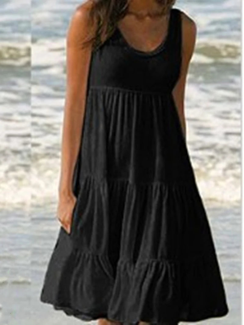 Robe d’Été Bohème Ample – Sans Manches & Volants