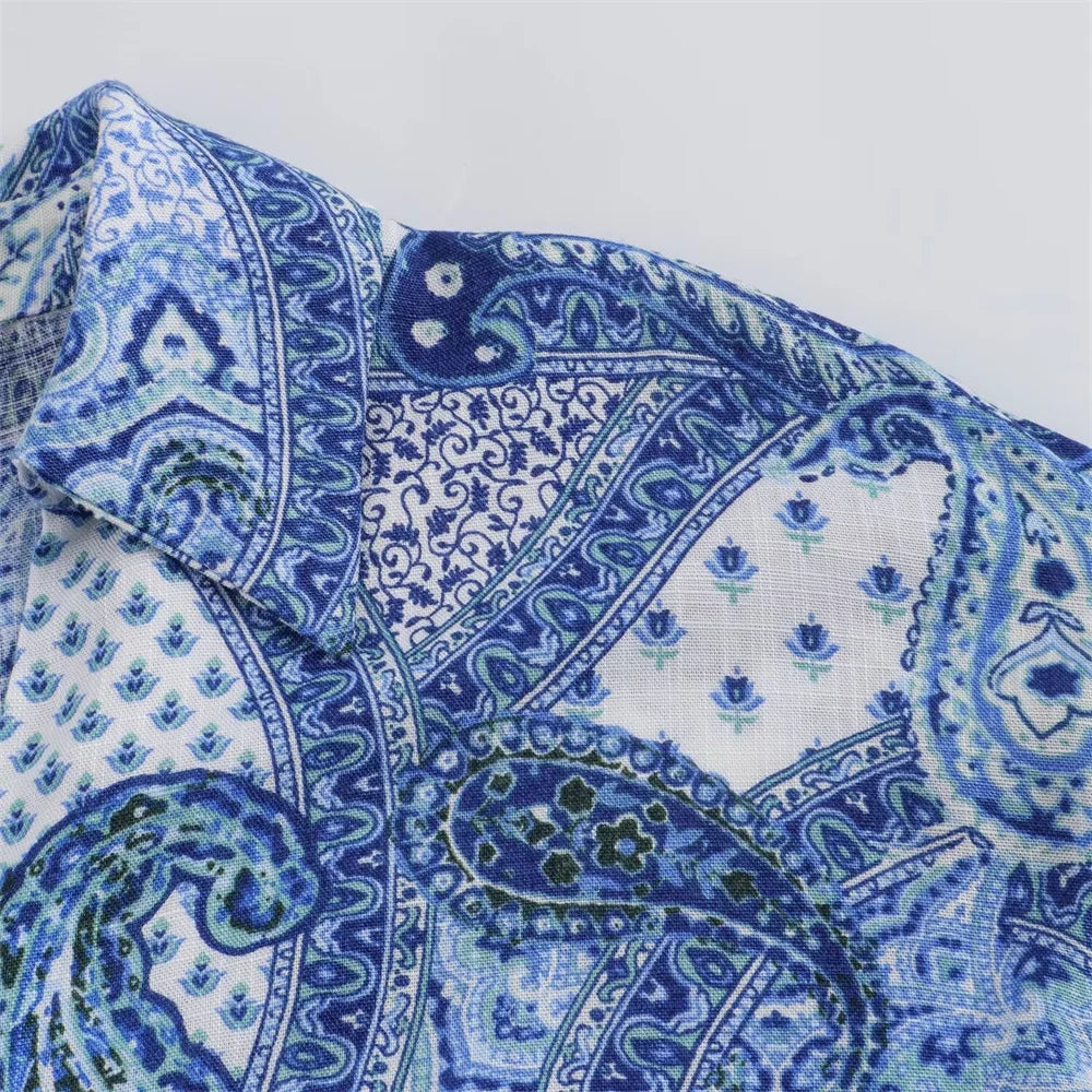 Intims - Ensemble Chemisier Imprimé Bandana Bleu et Pantalon Large Taille Haute pour Femme - 97531FR