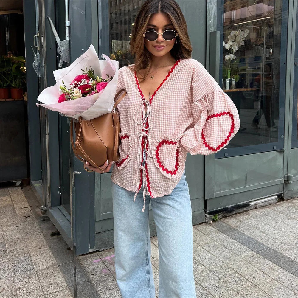 Intims - Chemisier à Carreaux Poches en Coeur à Manches Bouffantes pour Femme - 34567FR