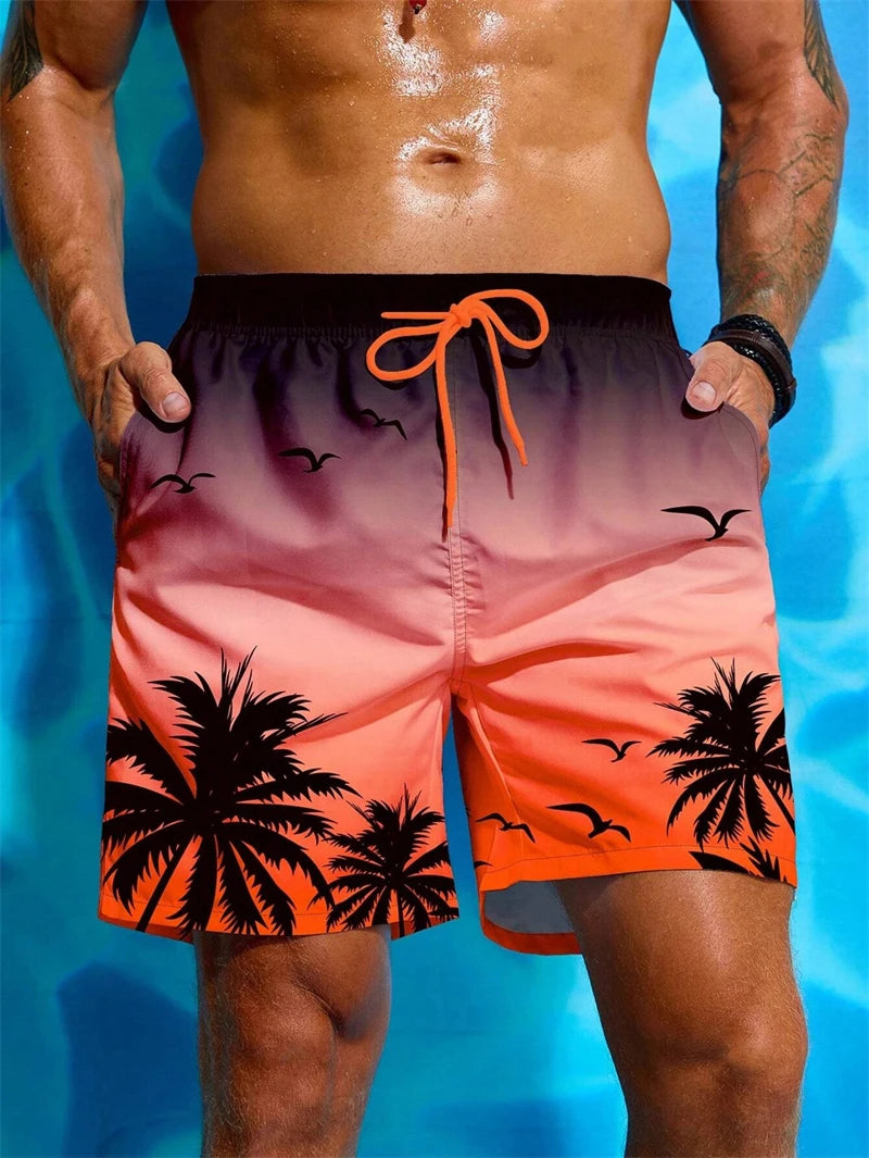 Short de Bain à Cordon et Imprimé Palmier Tropical