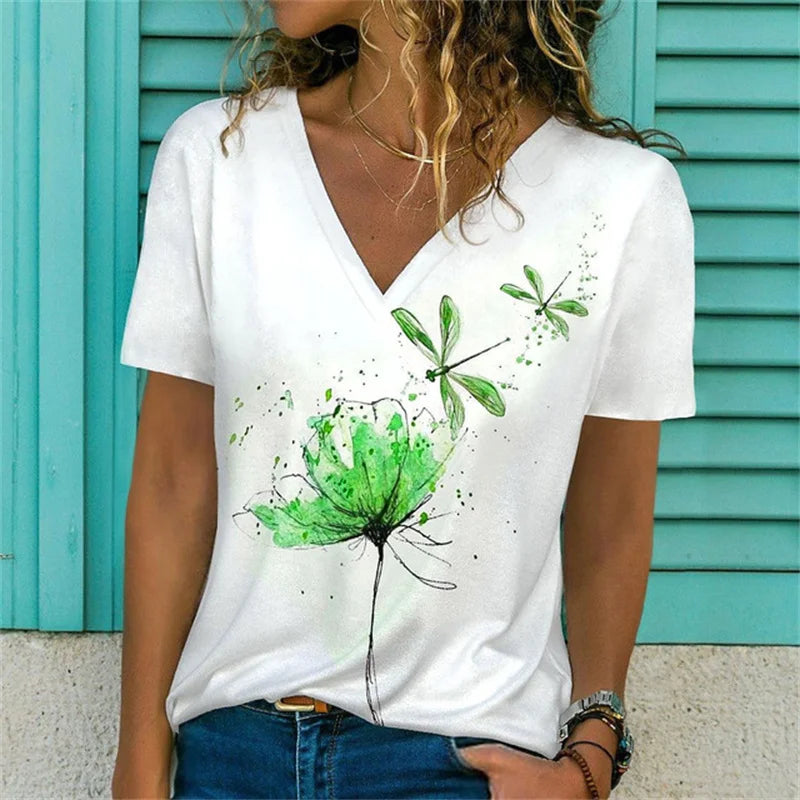 T-shirt Décontracté à Col V Imprimé Fleur pour Femmes - 3762FR