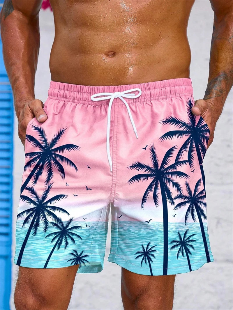 Short de Bain à Cordon et Imprimé Palmier Tropical