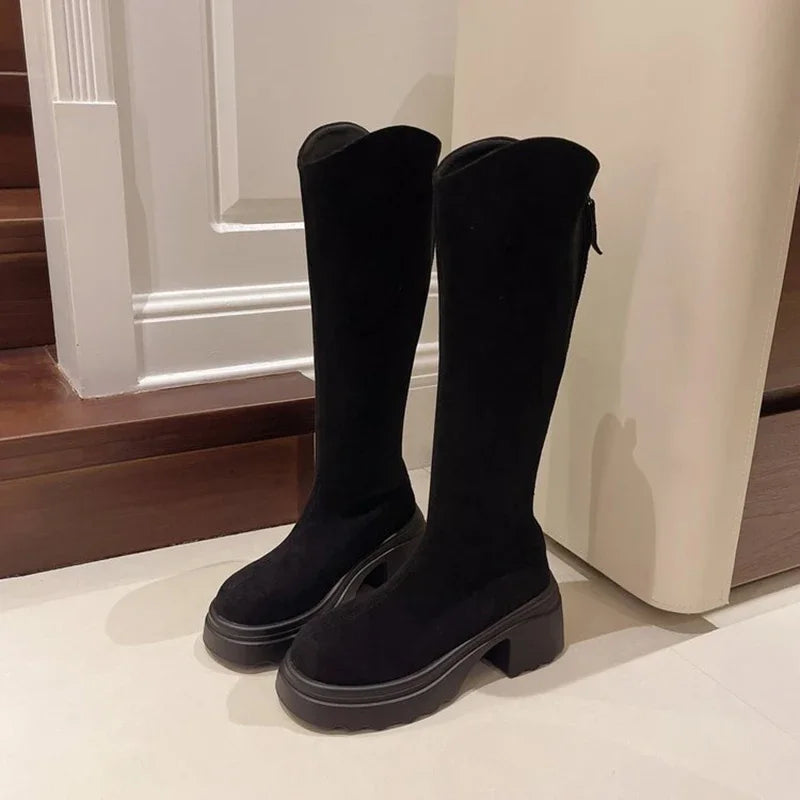 Bottes Cavalière Montantes en Suédine à Plateforme