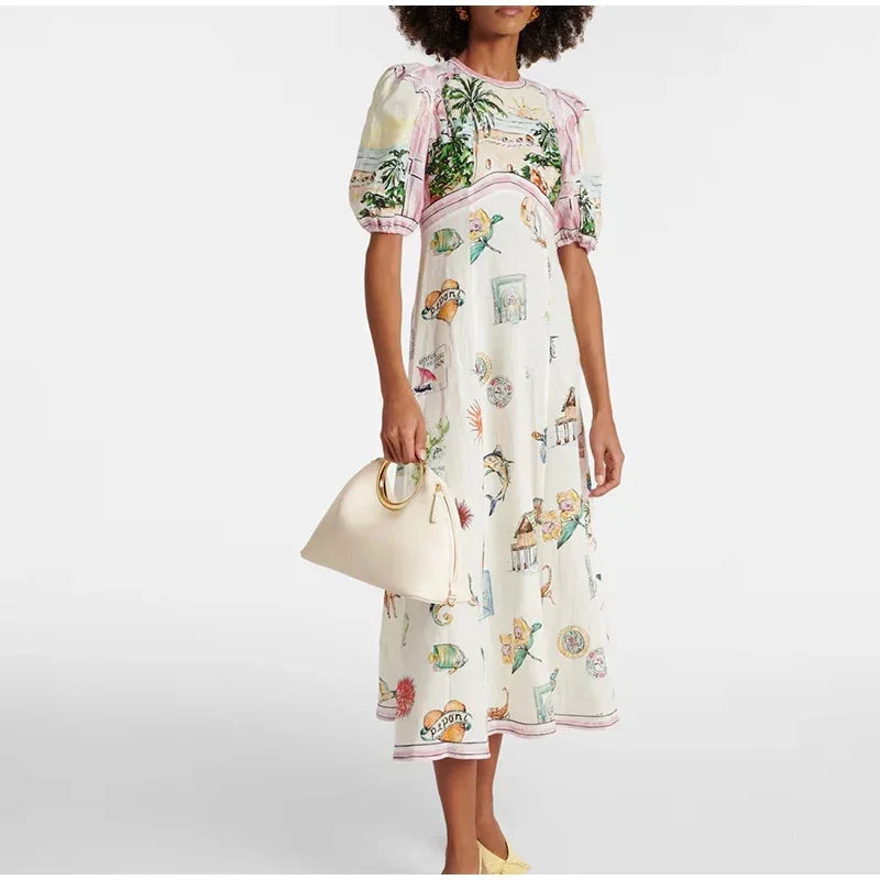 Intims - Robe Longue à Col Rond et Manches Courtes Bouffantes à imprimé estival - 97531FR