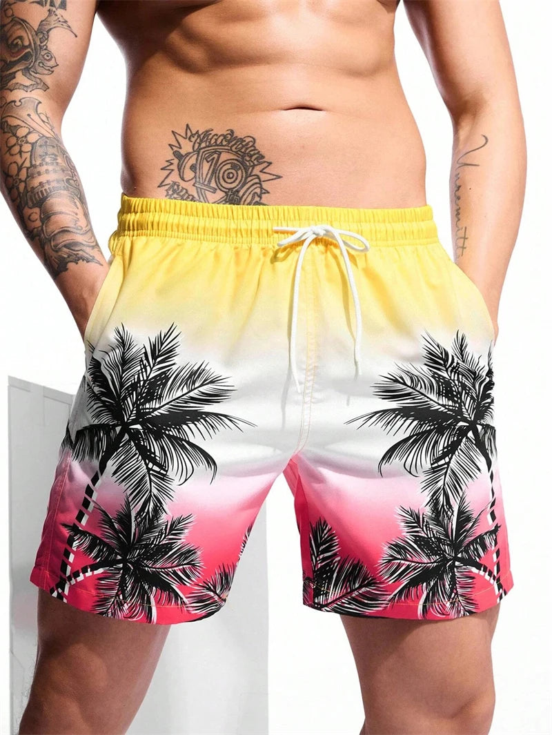 Short de Bain à Cordon et Imprimé Palmier Tropical