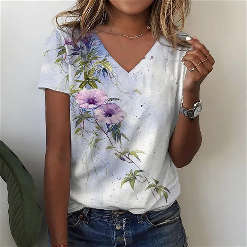 T-shirt Décontracté à Col V Imprimé Fleur pour Femmes - 3762FR