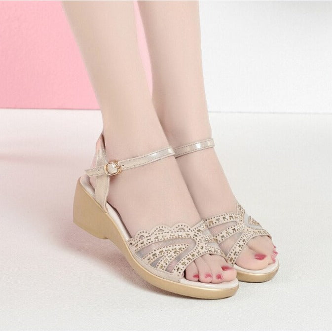 Sandales compensées en Maille - Cuir