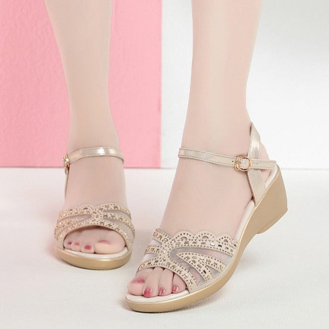 Sandales compensées en Maille - Cuir