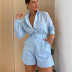 Conjunto de 2 piezas casual chic de camisa y short de algodón y lino