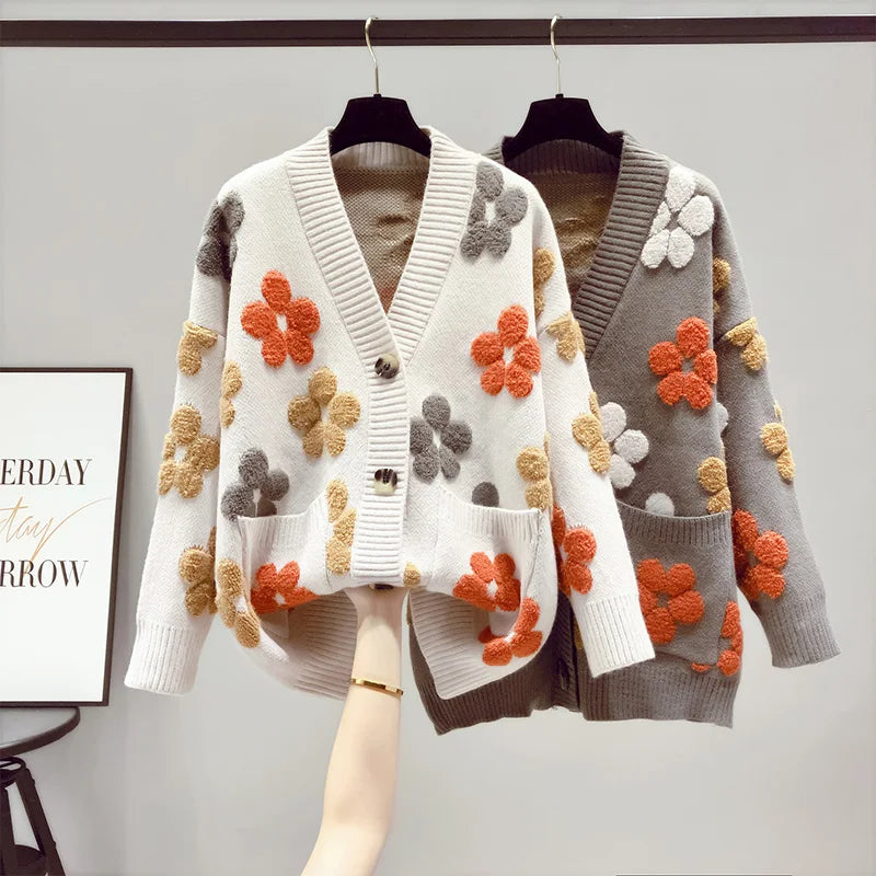 Cardigan en maille à Motif Floral en Relief