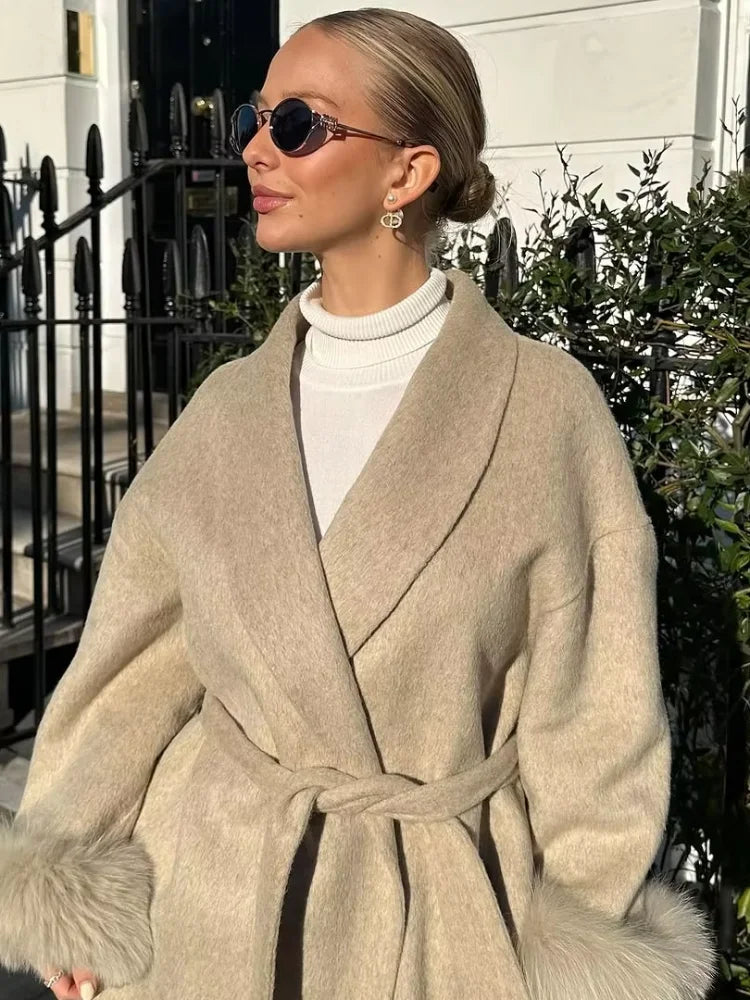 Tie-Waist Mid-Length Coat with Fur Cuffs