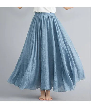 High-Waisted Elastic Cotton & Linen Long Skirt