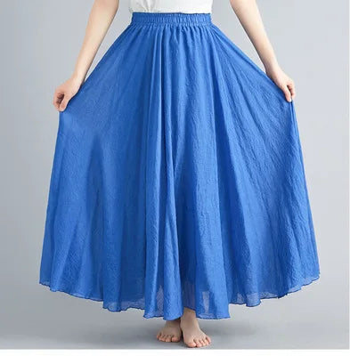 High-Waisted Elastic Cotton & Linen Long Skirt