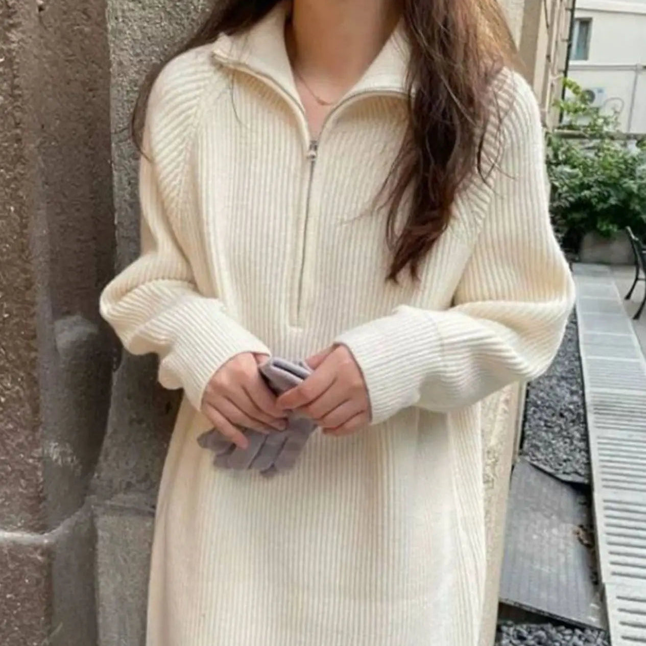 Robe Pull en Tricot Côtelé Ample à Col Cheminé à Zip