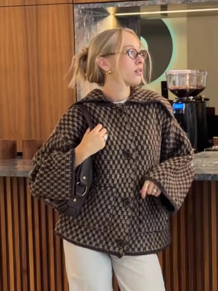 Veste Mi-Saison Tricoté à Carreaux Bicolores – Femme